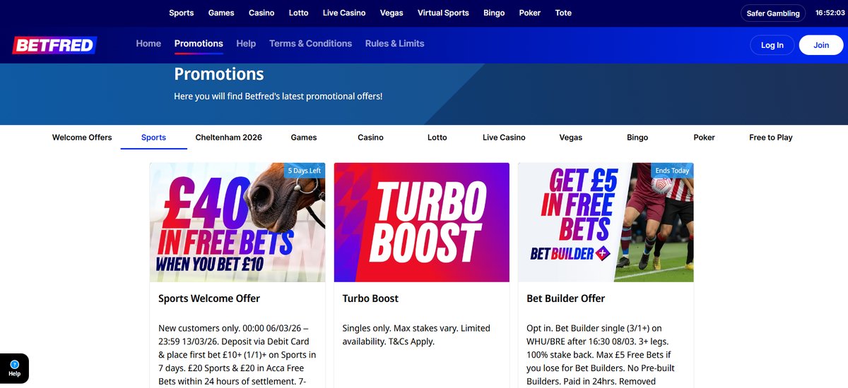 Betfred promotions page highlighting available bonuses