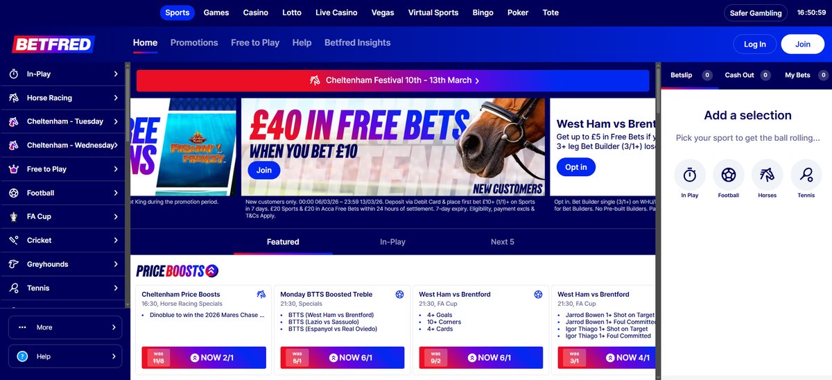 Betfred sportsbook homepage displaying live odds