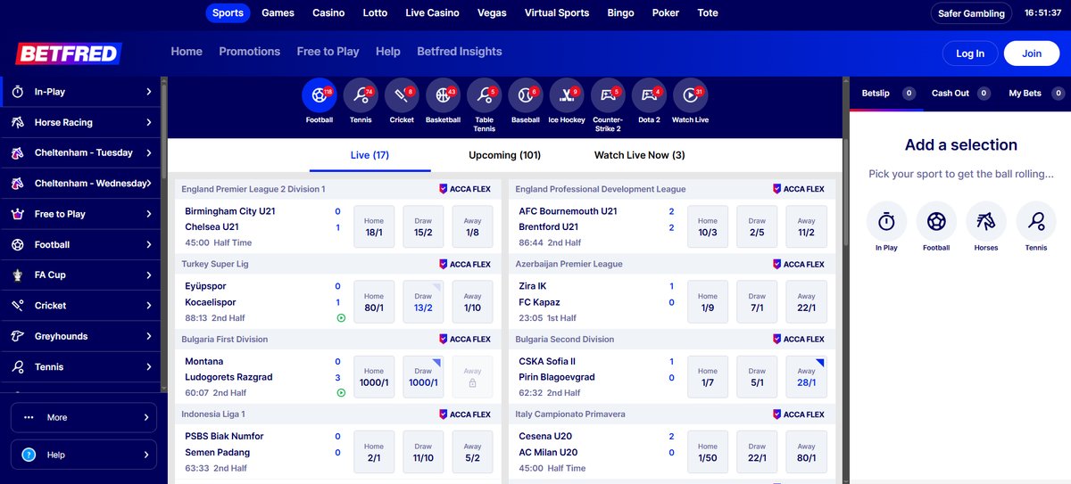 Betfred live betting interface showing active markets