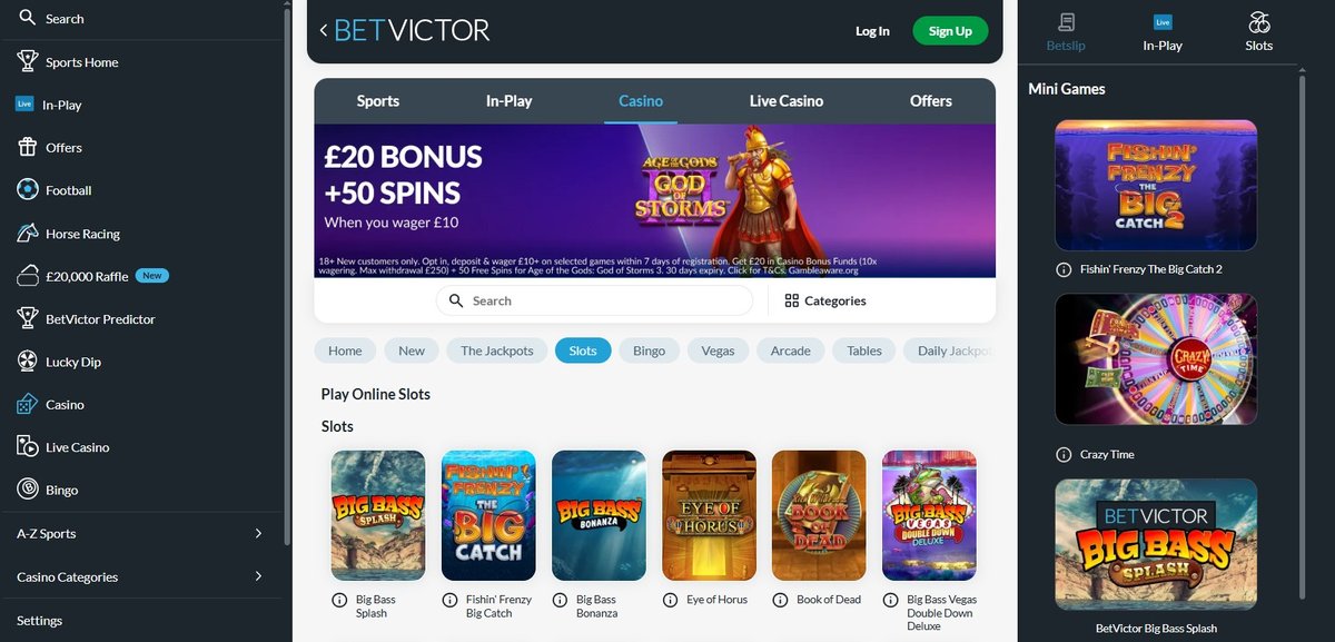 BetVictor casino homepage with game selection