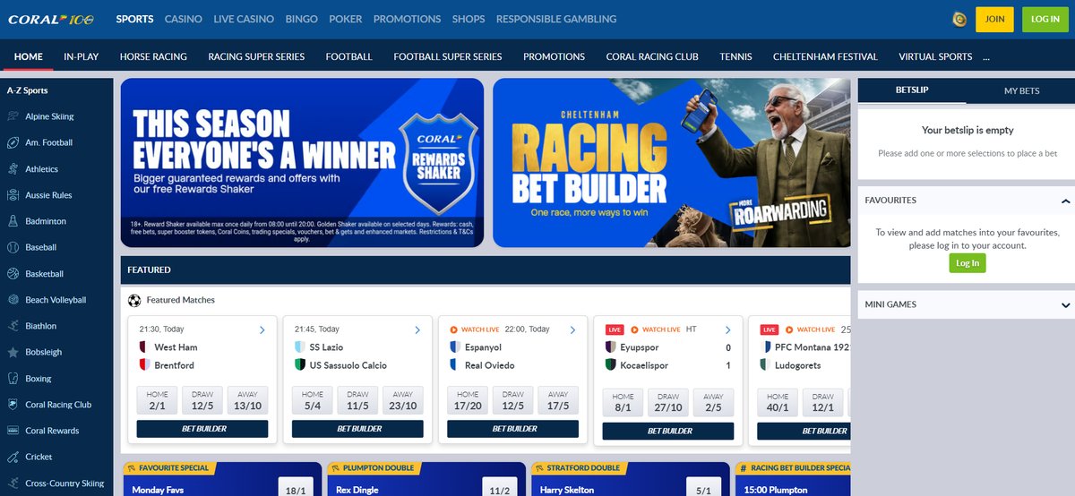 Coral betting platform homepage with promotions