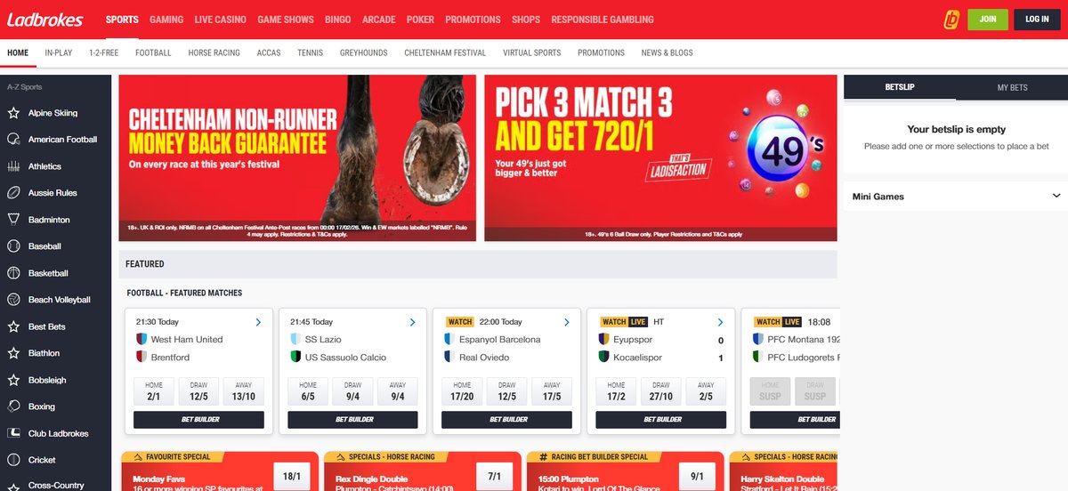 Ladbrokes sportsbook homepage with betting markets