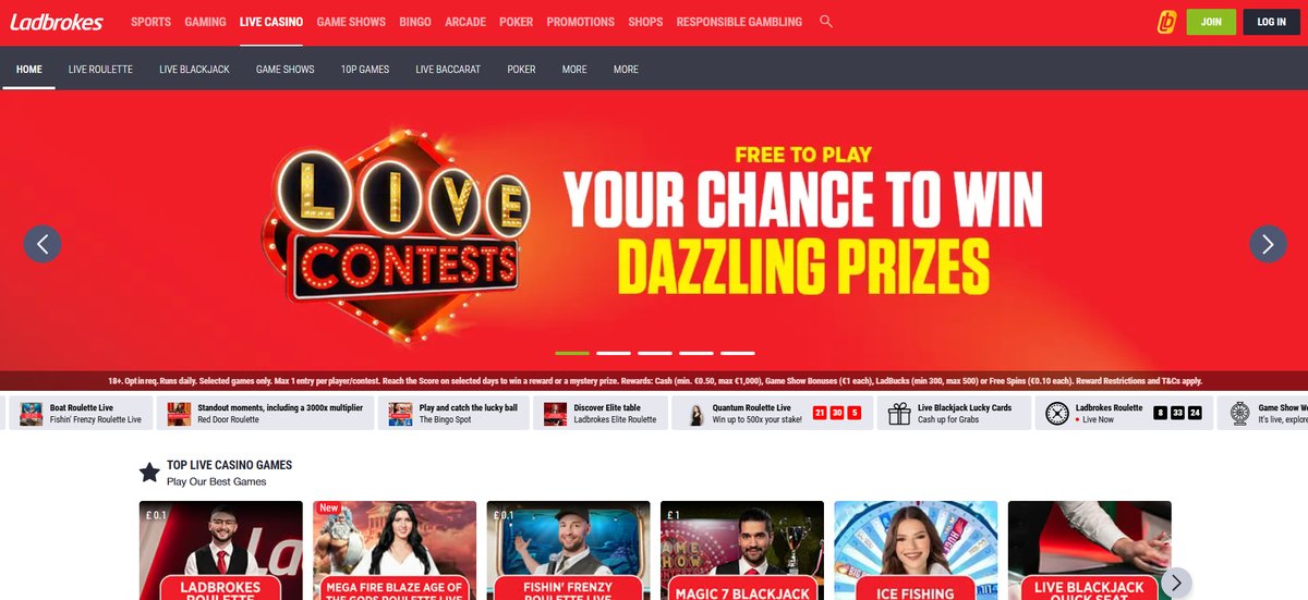 Ladbrokes in-play betting page with live odds