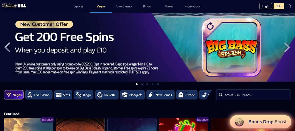 William Hill sportsbook homepage with featured markets