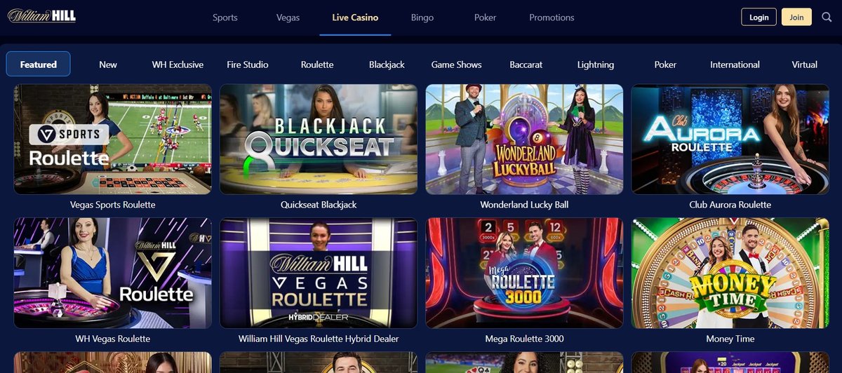 William Hill in-play betting page with live odds