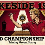 Vintage 1989 BDO World Darts Championship Final illustration at Lakeside Country Club — two players on stage, scoreboard 4-4, packed crowd