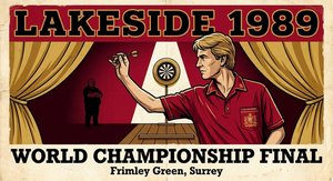 Vintage 1989 BDO World Darts Championship Final illustration at Lakeside Country Club — two players on stage, scoreboard 4-4, packed crowd