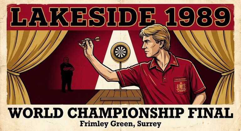 Vintage 1989 BDO World Darts Championship Final illustration at Lakeside Country Club — two players on stage, scoreboard 4-4, packed crowd