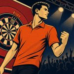 Retro ink-outline illustration of a tall darts player celebrating in front of a dartboard