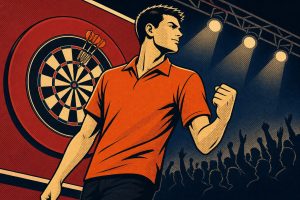 Retro ink-outline illustration of a tall darts player celebrating in front of a dartboard