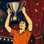 Retro ink-outline illustration of a darts player in an orange shirt lifting a silver trophy on stage