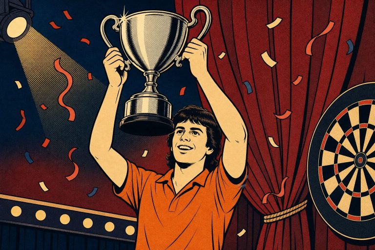 Retro ink-outline illustration of a darts player in an orange shirt lifting a silver trophy on stage