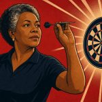 Retro ink-outline illustration of a woman darts player sighting a dart at the oche