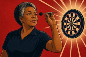 Retro ink-outline illustration of a woman darts player sighting a dart at the oche