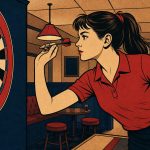 Retro ink-outline illustration of a woman darts player in a red polo shirt about to throw