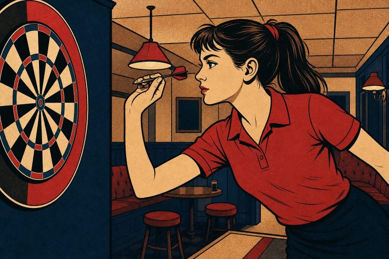Retro ink-outline illustration of a woman darts player in a red polo shirt about to throw