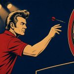 Retro ink-outline illustration of a darts player with a quiff throwing at the oche