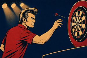Retro ink-outline illustration of a darts player with a quiff throwing at the oche