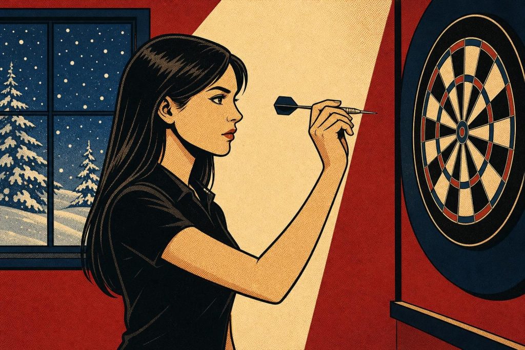 Retro ink-outline illustration of a woman darts player with long dark hair aiming at a dartboard, a snowy window behind (AI-generated image)