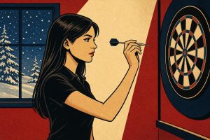 Retro ink-outline illustration of a woman darts player with long dark hair aiming at a dartboard, a snowy window behind (AI-generated image)