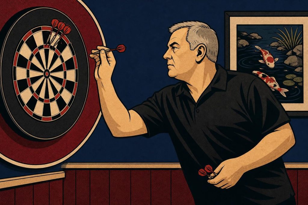 Retro ink-outline illustration of a darts player in a black shirt at the release of a throw, three darts in treble twenty (AI-generated image)