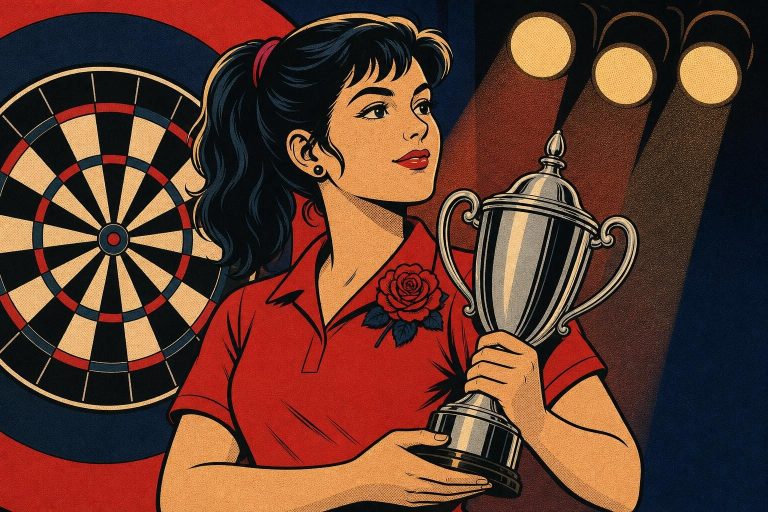 Retro ink-outline illustration of a woman darts player in a red shirt with a rose on her collar holding a trophy (AI-generated image)