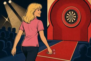 Retro ink-outline illustration of a woman darts player in a pink shirt walking to the oche under cream stage lights (AI-generated image)