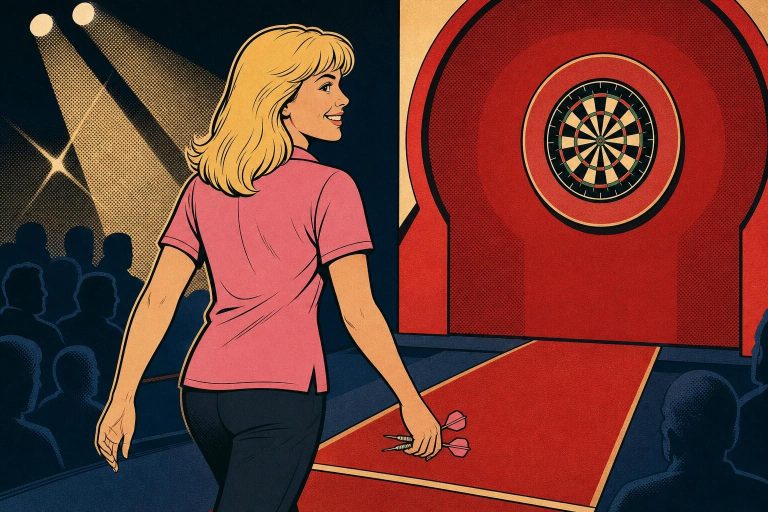 Retro ink-outline illustration of a woman darts player in a pink shirt walking to the oche under cream stage lights (AI-generated image)