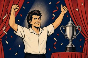 Retro ink-outline illustration of a darts player in a white shirt raising both arms on stage beside a silver trophy (AI-generated image)