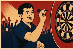 Retro ink-outline illustration of a smiling darts player in a navy shirt mid-throw in front of a cheering crowd (AI-generated image)