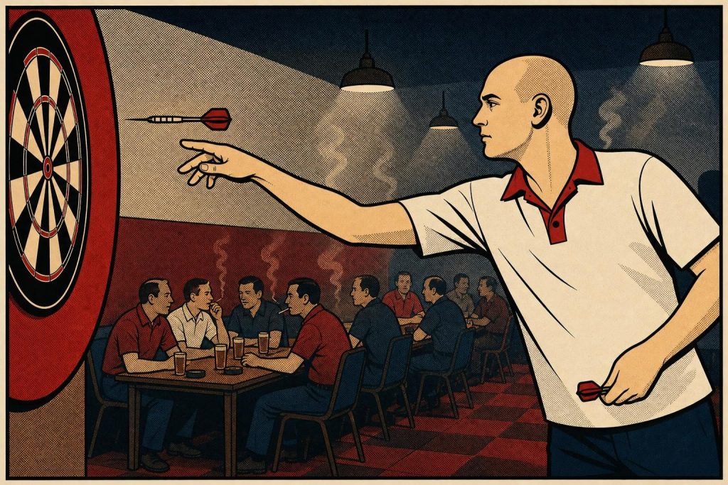 Retro ink-outline illustration of a darts player in a white shirt throwing in a county league hall (AI-generated image)