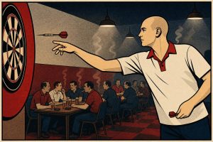 Retro ink-outline illustration of a darts player in a white shirt throwing in a county league hall (AI-generated image)