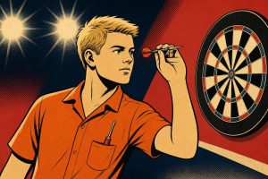Retro ink-outline illustration of a darts player in an orange shirt sighting a dart at eye level under stage lights (AI-generated image)