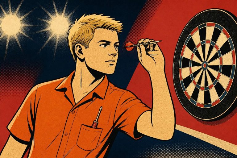 Retro ink-outline illustration of a darts player in an orange shirt sighting a dart at eye level under stage lights (AI-generated image)