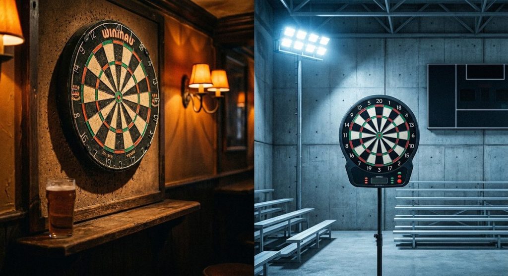 Two dartboards representing the BDO-PDC split in 1993 that divided professional darts