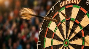 Dart hitting a double segment on a Lakeside dartboard — recreating Paul Lim's 9-darter in 1990